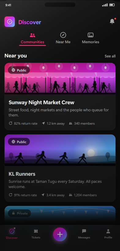 The Discover tab in Avokindo, on the Communities view. A "Near you" list shows public communities — Sunway Night Market Crew and KL Runners — each with its return rate, distance away and member count.