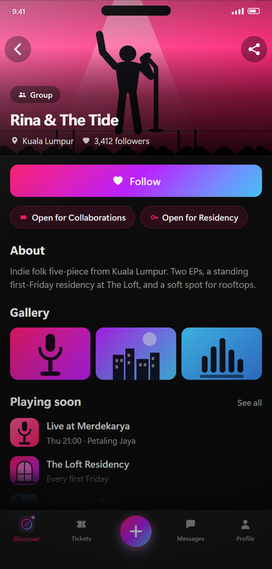 An artist profile in Avokindo for the band Rina & The Tide, showing a follower count, a Follow button, Open for Collaborations and Open for Residency labels, an About paragraph, a gallery and a list of upcoming dates.