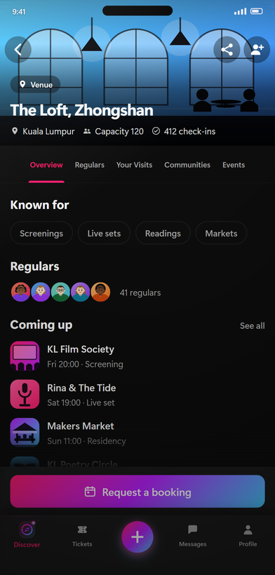 A venue listing in Avokindo for The Loft, Zhongshan, showing its capacity and check-in count, tabs for Overview, Regulars, Your Visits, Communities and Events, what the venue is known for, its regulars, upcoming bookings and a Request a booking button.